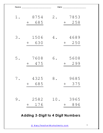 Adding 3-Digit to 4 Digit Numbers Worksheet 3