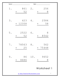 Addition Review Worksheets