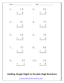 Adding Single and Double Digits Worksheet 2