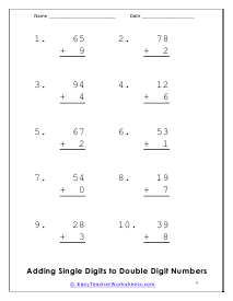 Adding Single and Double Digits Worksheet 3