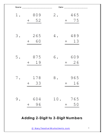 Adding 2-Digit to 3-Digit Numbers Worksheet 1