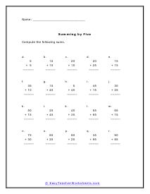 Fives Single Digit Addition Worksheet