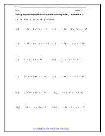 Combine Like Terms with Negatives Worksheet 3