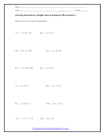 One Step Equations Worksheet 1