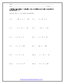 Equations Containing Negatives Worksheet 1
