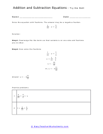 Addition and Subtraction Equation Worksheet