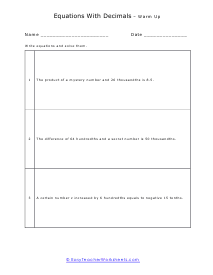 Solving Equations w/Decimals Warm Up Worksheet