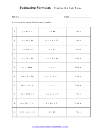 Evaluating Formulas Worksheet