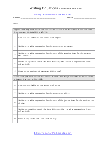 Writing Equations Worksheet