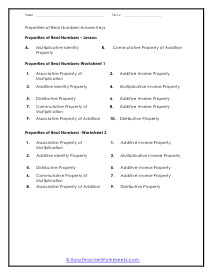 Properties of Real Numbers Worksheets