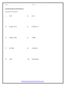 Simplifying Radicals Worksheets