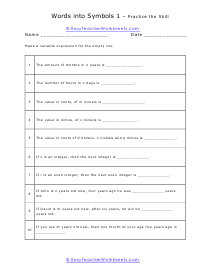 Writing Variable Expression Worksheet