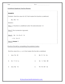 Undefined Algebraic Fraction Worksheets