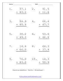Simple Decimal Worksheet