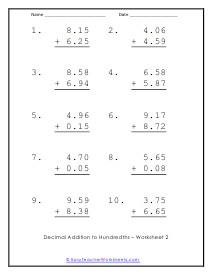 Adding Decimals Worksheet