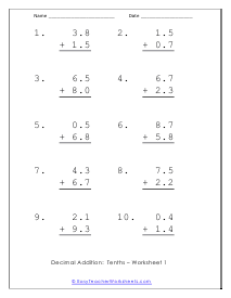 To the Tenths Worksheet