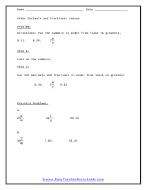 Ordering Decimals and Fractions Worksheet