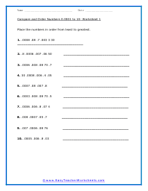 Ordering Decimals Worksheet