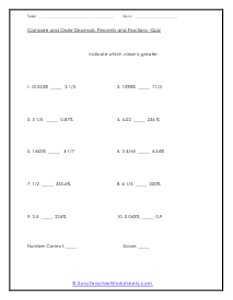 Compare and Order Decimals, Percents and Fractions Worksheets