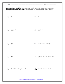 Evaluating Positive and Negative Exponents Worksheets