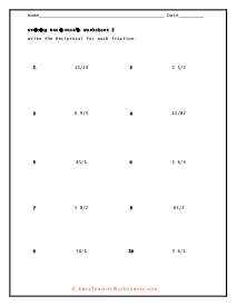 Reciprocals of Fractions Worksheets