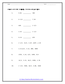 Compare and Order Decimals, Percents and Fractions Worksheets