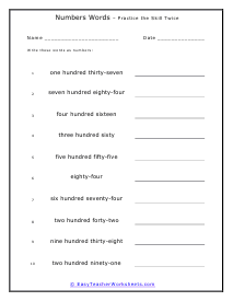 Numbers Words Worksheets