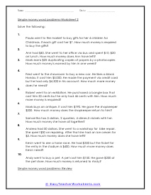 Money and Currency Word Problem Worksheets