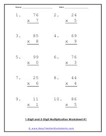 Single and Double Digit Multiplication Worksheets