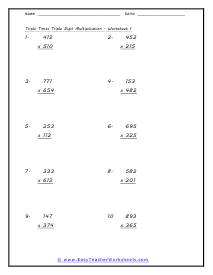 Triple Digit Multiplication Worksheets