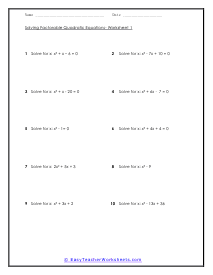 Solving Quadratic Equations by Completing the Squares Worksheets