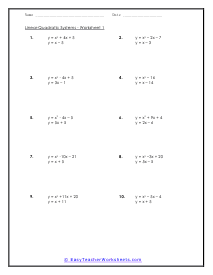 Linear Quadratic Systems Worksheets