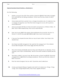 Negative Number Word Problems Worksheets