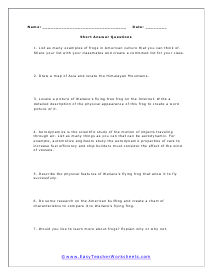 Flying Frog Question Worksheet