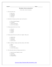 Flying Squirrels Multiple Choice Worksheet