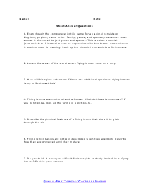 Flying Lemur Question Worksheet