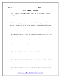 Flying Snakes Short Answer Worksheet