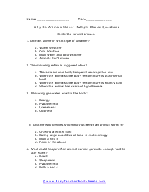 Animals Shiver Multiple Choice Worksheet