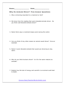 Animals Shiver Question Worksheet