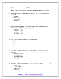 Longest Living Animal Multiple Choice Worksheet