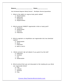 Regrow Body Parts Multiple Choice Worksheet