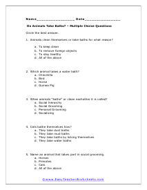 Animals Take Baths Multiple Choice Worksheet