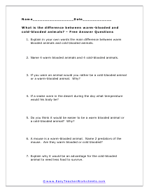 Cold vs. Warm Blooded Short Answer Worksheet