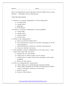 Adaptations Multiple Choice Worksheet