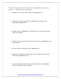 Adaptations Short Answer Worksheet