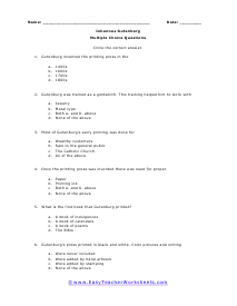 Gutenberg Multiple Choice Worksheet