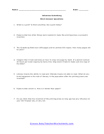 Gutenberg Short Answer Worksheet