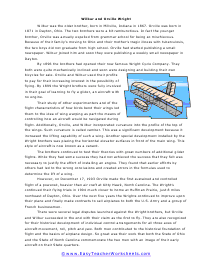 Wright Brothers Reading Worksheet