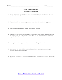 Wright Bros. Short Answer Worksheet