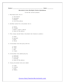 Mountain Lions Multiple Choice Worksheet
